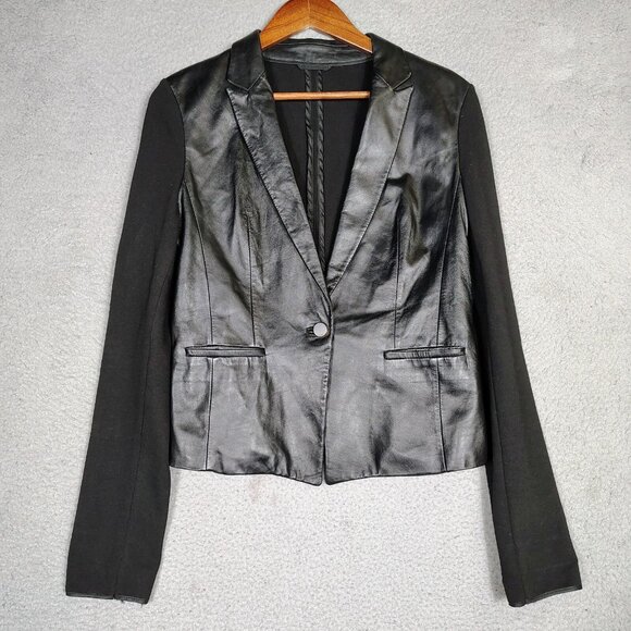 Hugo Boss Jacket Women 6 Black 100% Lamb Leather Front One-Button Preppy Biker - Picture 1 of 16